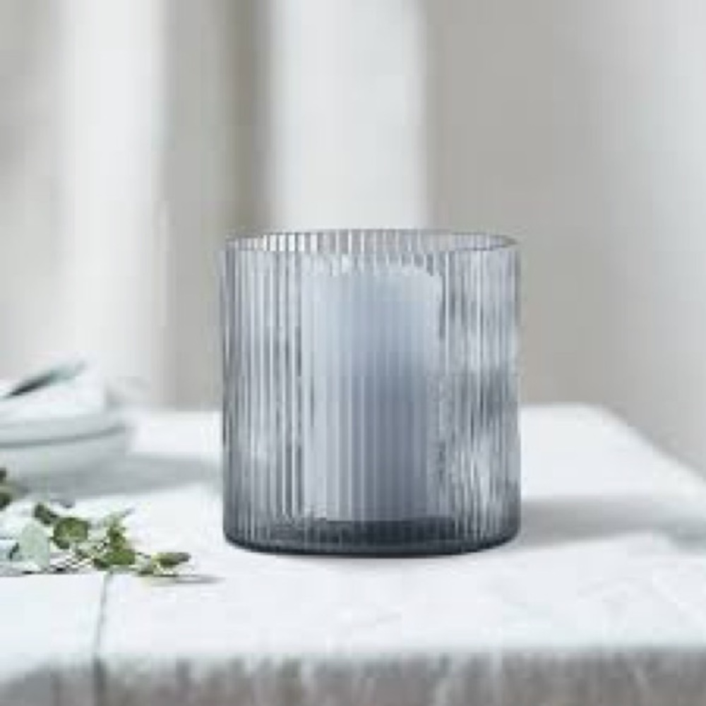 NWT Better Homes & Gardens Blue Glass Ribbed Hurricane Candle Holder, 5", Medium